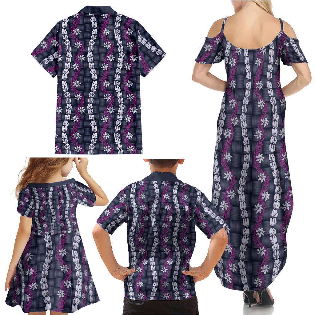 Pikake Maile Tiare Lei Family Matching Summer Maxi Dress and Hawaiian Shirt Poni Lauhala Pattern