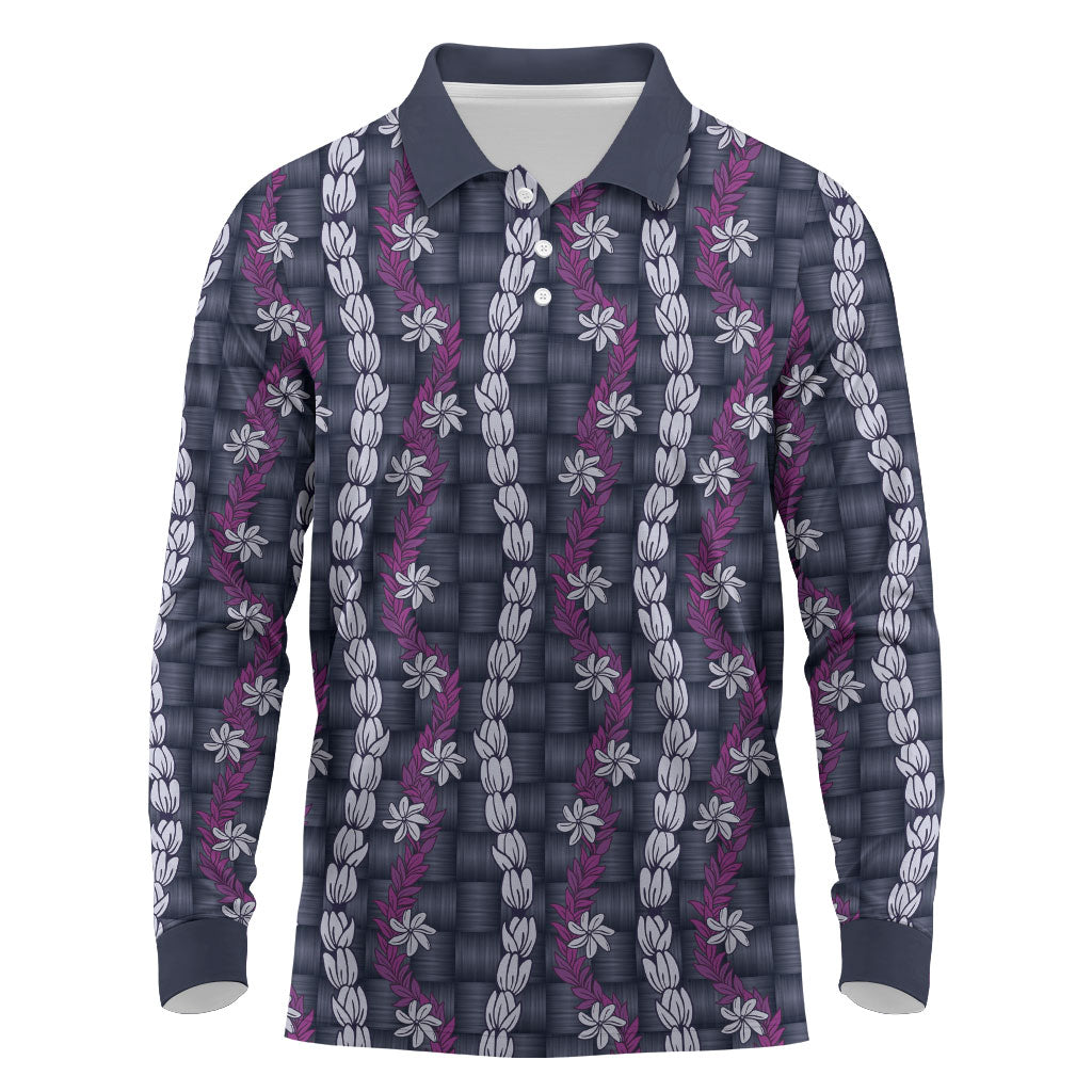 Pikake Maile Tiare Lei Long Sleeve Polo Shirt Poni Lauhala Pattern LT01 Purple - Polynesian Pride