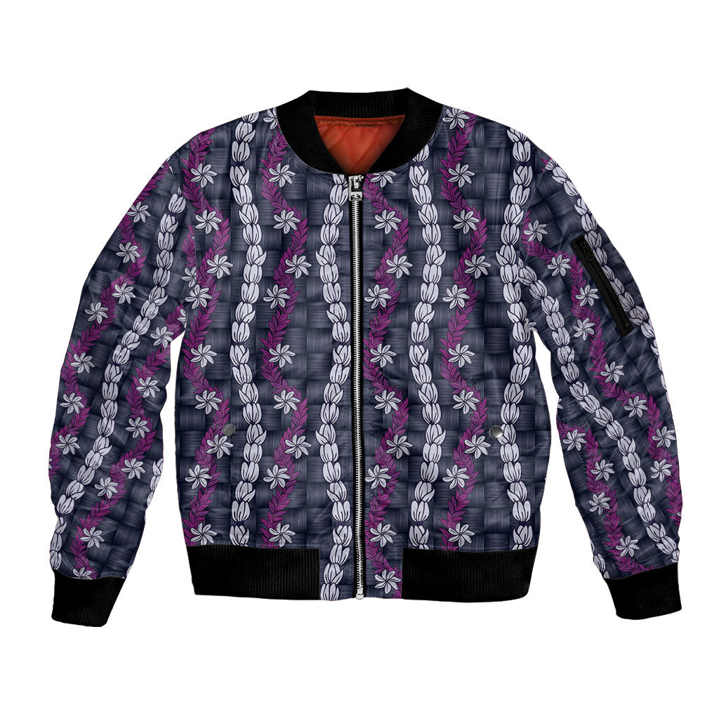 Pikake Maile Tiare Lei Sleeve Zip Bomber Jacket Poni Lauhala Pattern