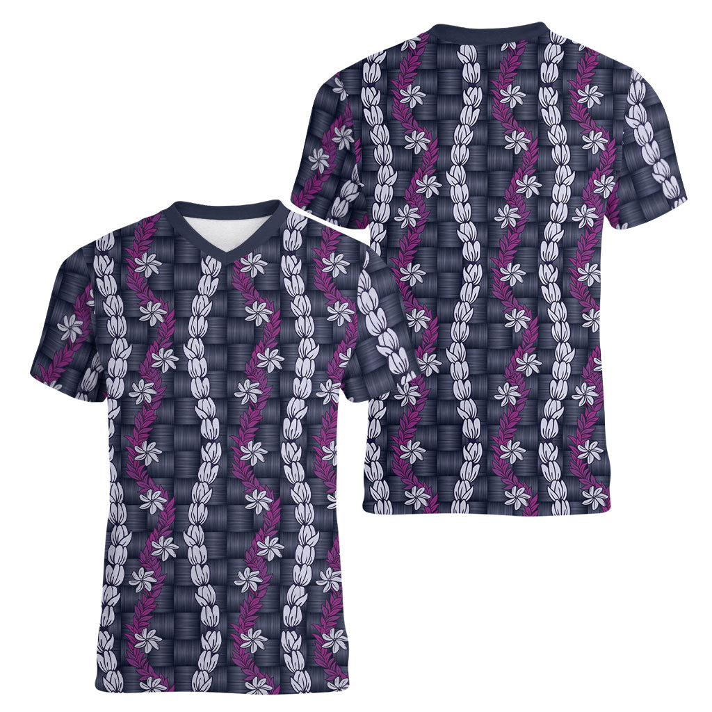 Pikake Maile Tiare Lei Women V-Neck T-Shirt Poni Lauhala Pattern