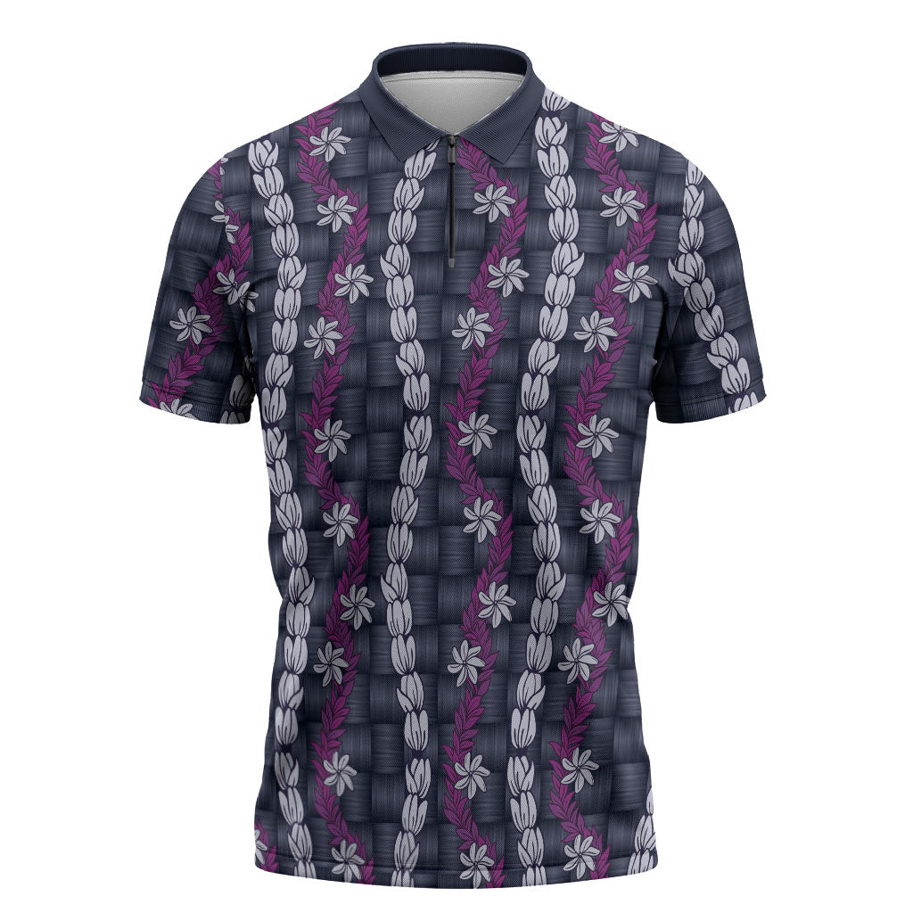 Pikake Maile Tiare Lei Zipper Polo Shirt Poni Lauhala Pattern