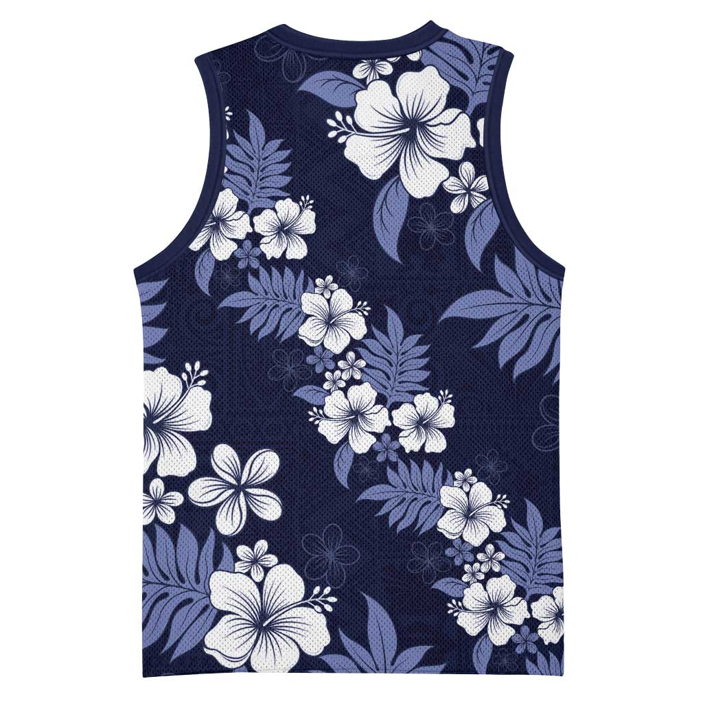 Hawaiian Hibiscus Tribal Floral Blue Basketball Jersey Polynesian Tapa Pattern - Polynesian Pride