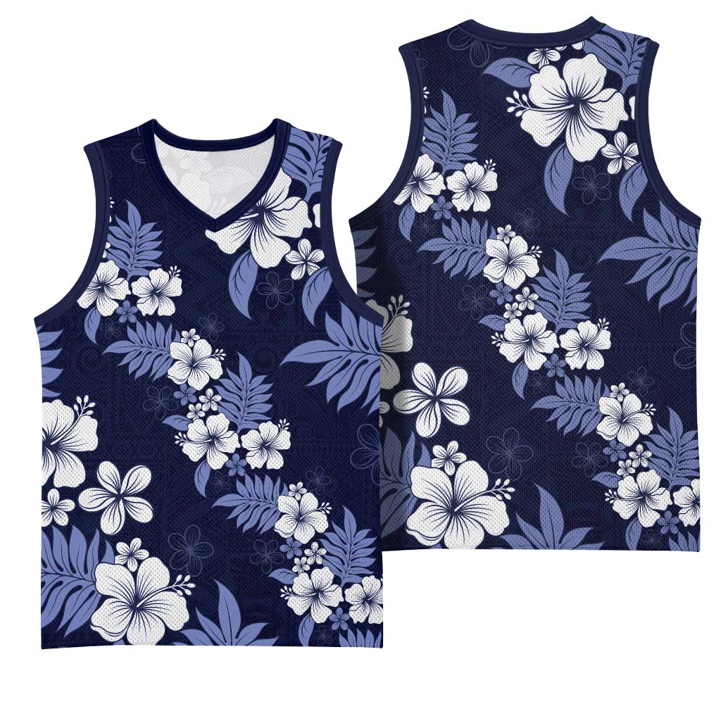 Hawaiian Hibiscus Tribal Floral Blue Basketball Jersey Polynesian Tapa Pattern - Polynesian Pride