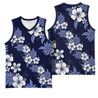Hawaiian Hibiscus Tribal Floral Blue Basketball Jersey Polynesian Tapa Pattern - Polynesian Pride