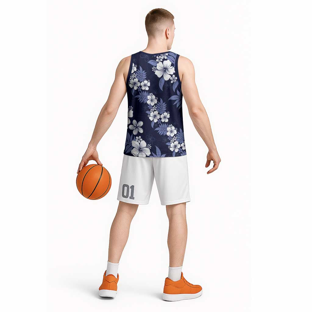 Hawaiian Hibiscus Tribal Floral Blue Basketball Jersey Polynesian Tapa Pattern - Polynesian Pride
