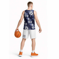 Hawaiian Hibiscus Tribal Floral Blue Basketball Jersey Polynesian Tapa Pattern - Polynesian Pride