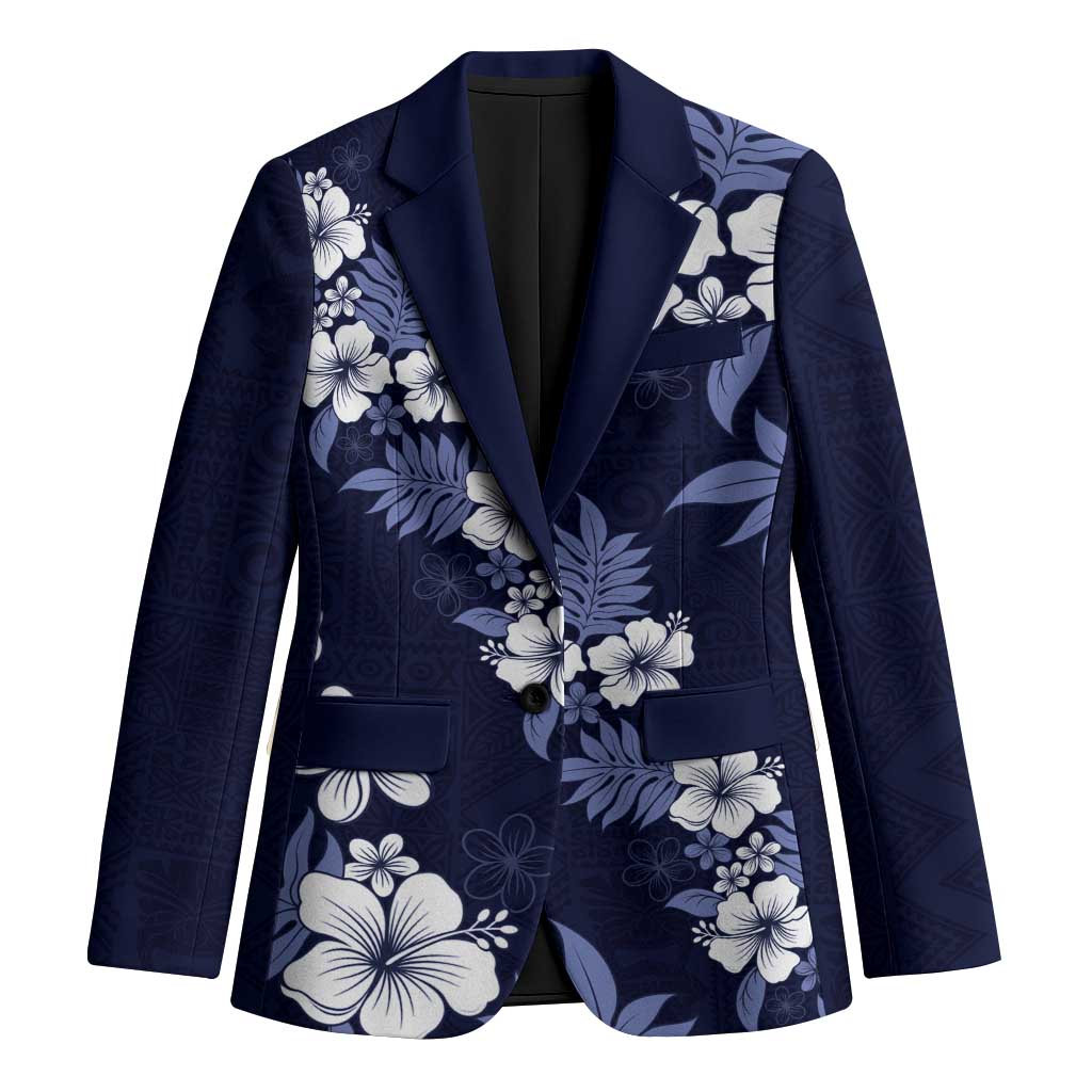 Hawaiian Hibiscus Tribal Floral Blue Blazer Polynesian Tapa Pattern - Polynesian Pride