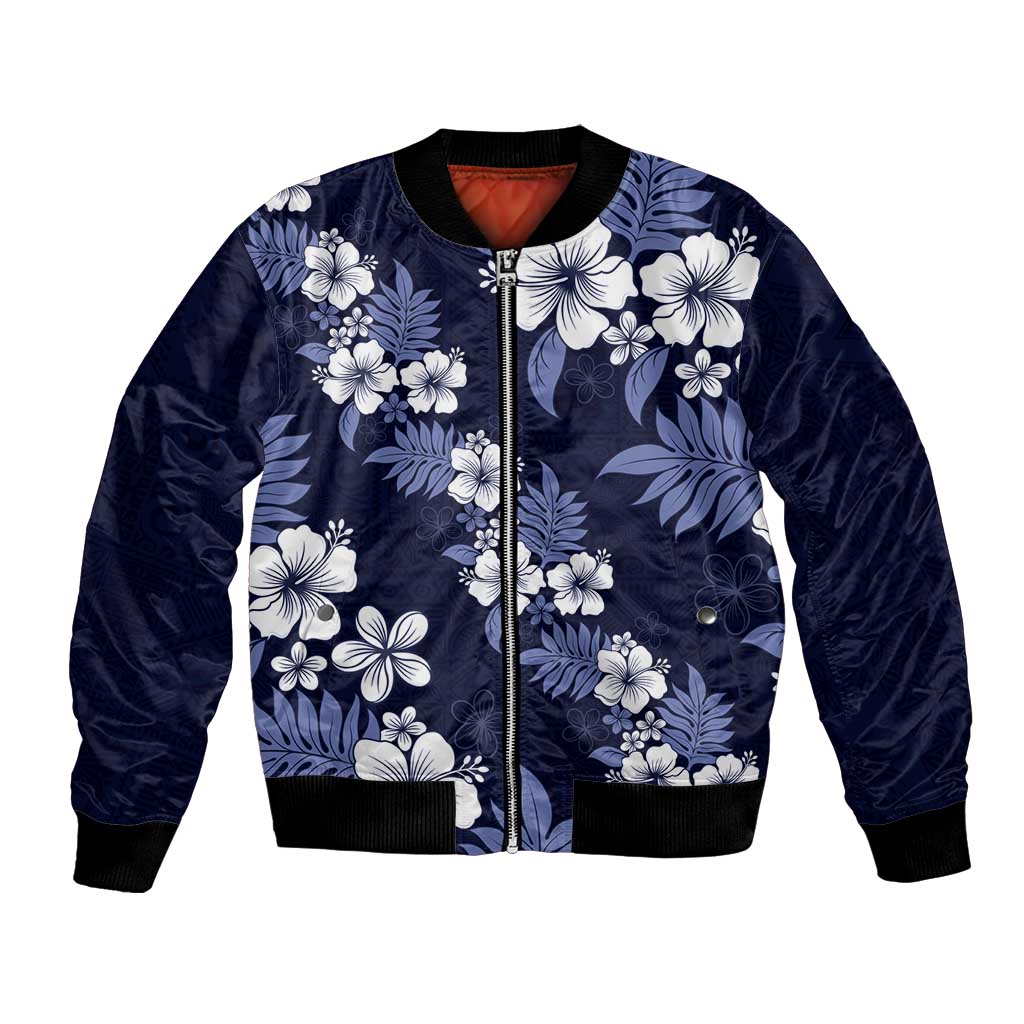 Hawaiian Hibiscus Tribal Floral Blue Bomber Jacket Polynesian Tapa Pattern - Polynesian Pride