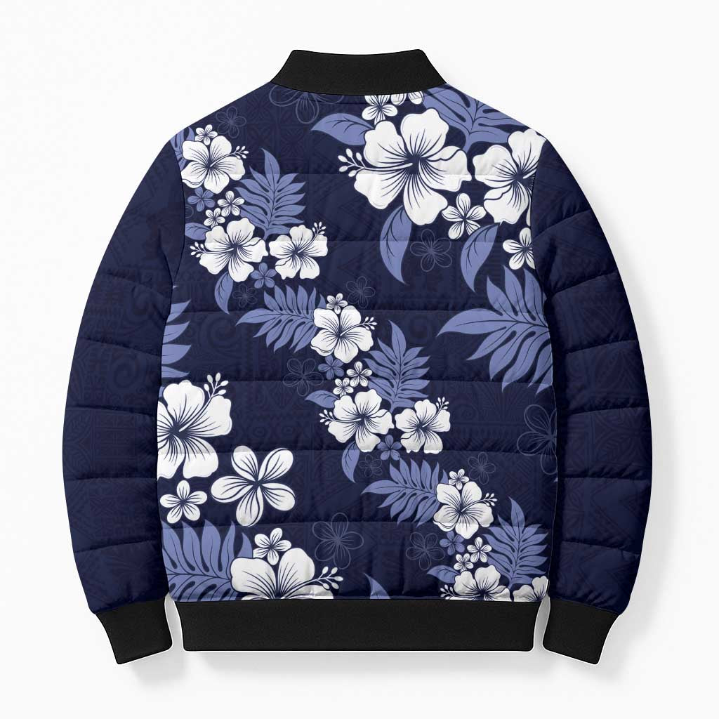 Hawaiian Hibiscus Tribal Floral Blue Bomber Puffer Jacket Polynesian Tapa Pattern - Polynesian Pride