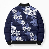 Hawaiian Hibiscus Tribal Floral Blue Bomber Puffer Jacket Polynesian Tapa Pattern - Polynesian Pride