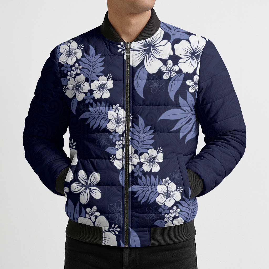 Hawaiian Hibiscus Tribal Floral Blue Bomber Puffer Jacket Polynesian Tapa Pattern - Polynesian Pride