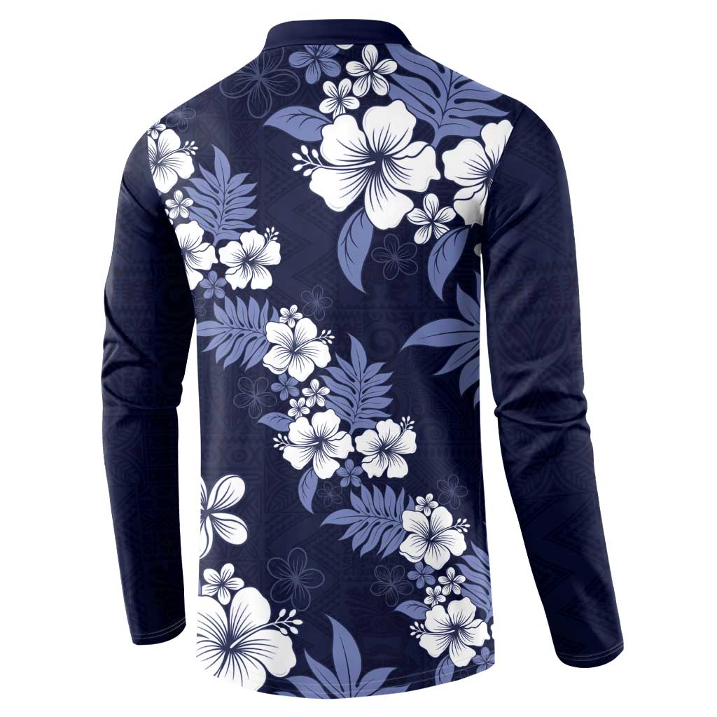 Hawaiian Hibiscus Tribal Floral Blue Button Sweatshirt Polynesian Tapa Pattern - Polynesian Pride