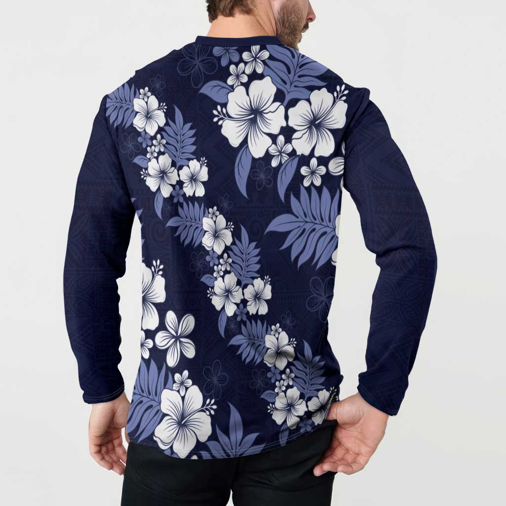 Hawaiian Hibiscus Tribal Floral Blue Button Sweatshirt Polynesian Tapa Pattern - Polynesian Pride
