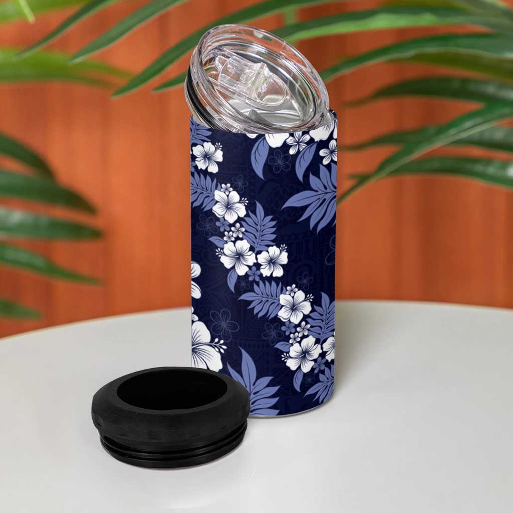 Hawaiian Hibiscus Tribal Floral Blue 4 in 1 Can Cooler Tumbler Polynesian Tapa Pattern - Polynesian Pride