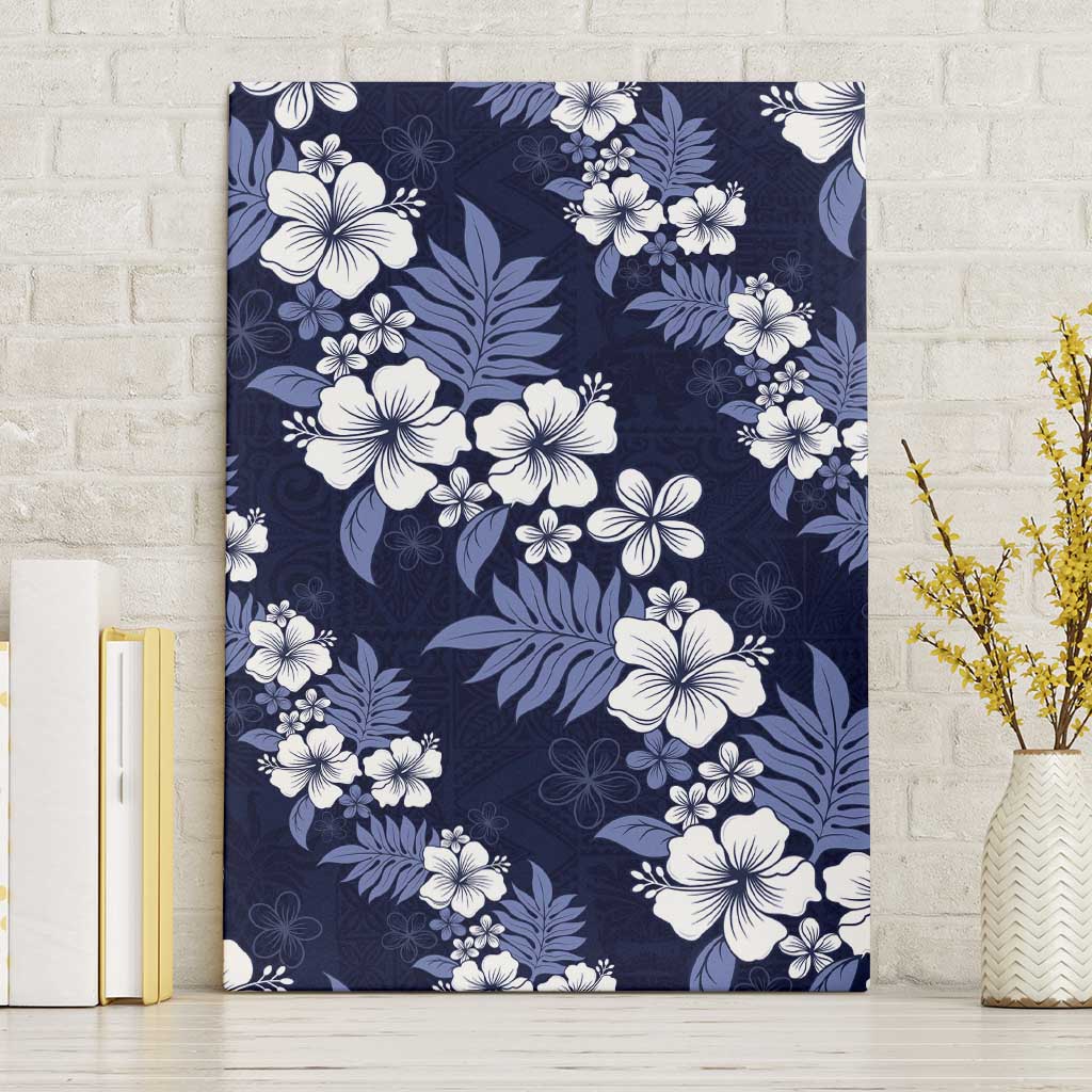 Hawaiian Hibiscus Tribal Floral Blue Canvas Wall Art Polynesian Tapa Pattern - Polynesian Pride