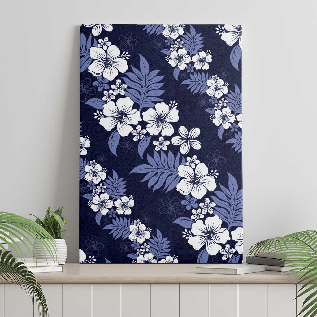 Hawaiian Hibiscus Tribal Floral Blue Canvas Wall Art Polynesian Tapa Pattern - Polynesian Pride