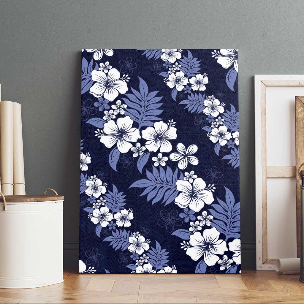 Hawaiian Hibiscus Tribal Floral Blue Canvas Wall Art Polynesian Tapa Pattern - Polynesian Pride