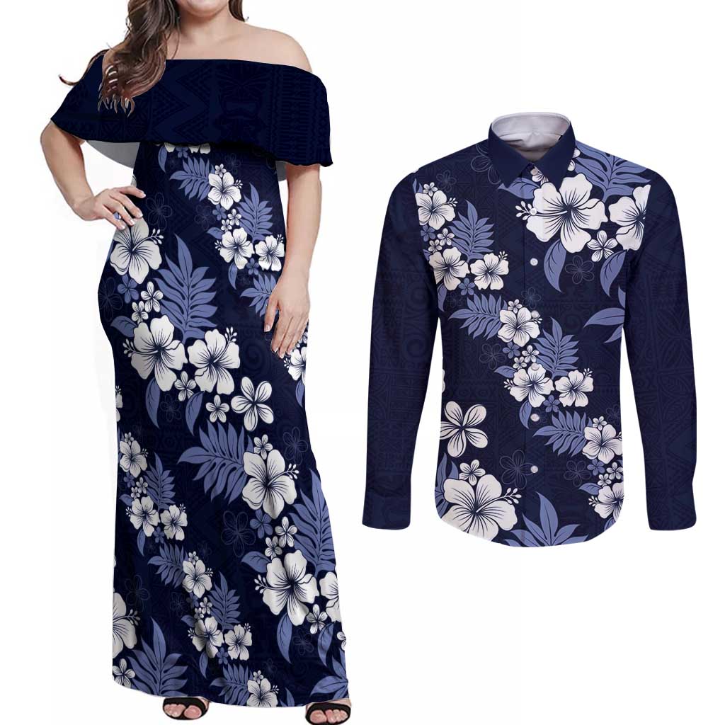 Hawaiian Hibiscus Tribal Floral Blue Couples Matching Off Shoulder Maxi Dress and Long Sleeve Button Shirt Polynesian Tapa Pattern - Polynesian Pride