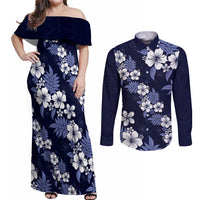 Hawaiian Hibiscus Tribal Floral Blue Couples Matching Off Shoulder Maxi Dress and Long Sleeve Button Shirt Polynesian Tapa Pattern - Polynesian Pride