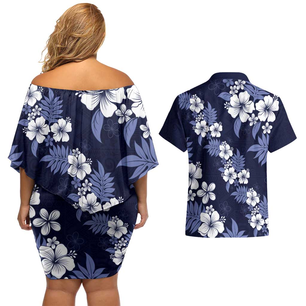 Hawaiian Hibiscus Tribal Floral Blue Couples Matching Off Shoulder Short Dress and Hawaiian Shirt Polynesian Tapa Pattern - Polynesian Pride