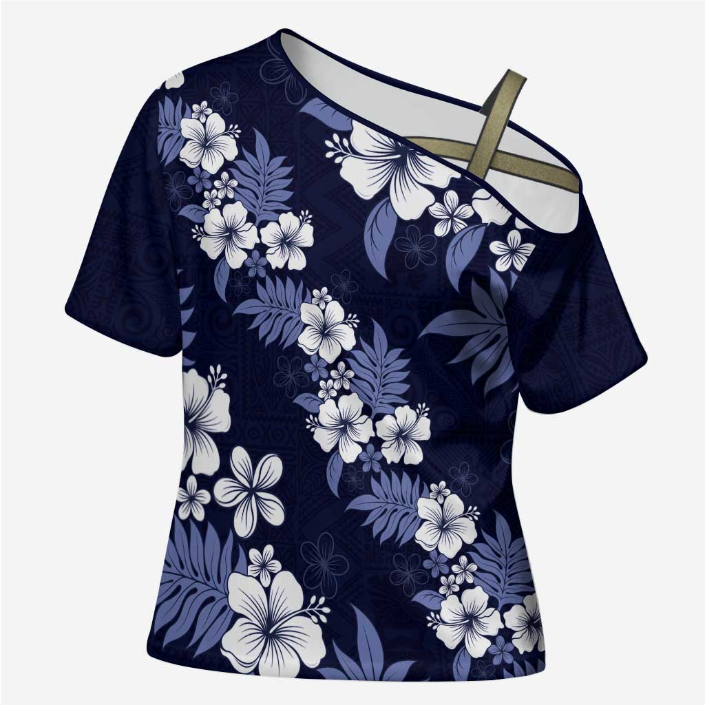 Hawaiian Hibiscus Tribal Floral Blue Cross Shoulder Shirt Polynesian Tapa Pattern - Polynesian Pride