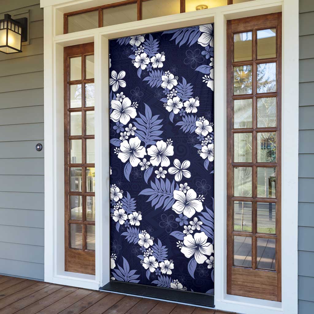 Hawaiian Hibiscus Tribal Floral Blue Door Cover Polynesian Tapa Pattern - Polynesian Pride