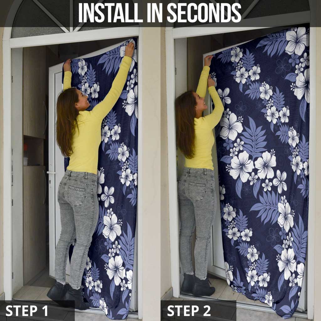 Hawaiian Hibiscus Tribal Floral Blue Door Cover Polynesian Tapa Pattern - Polynesian Pride