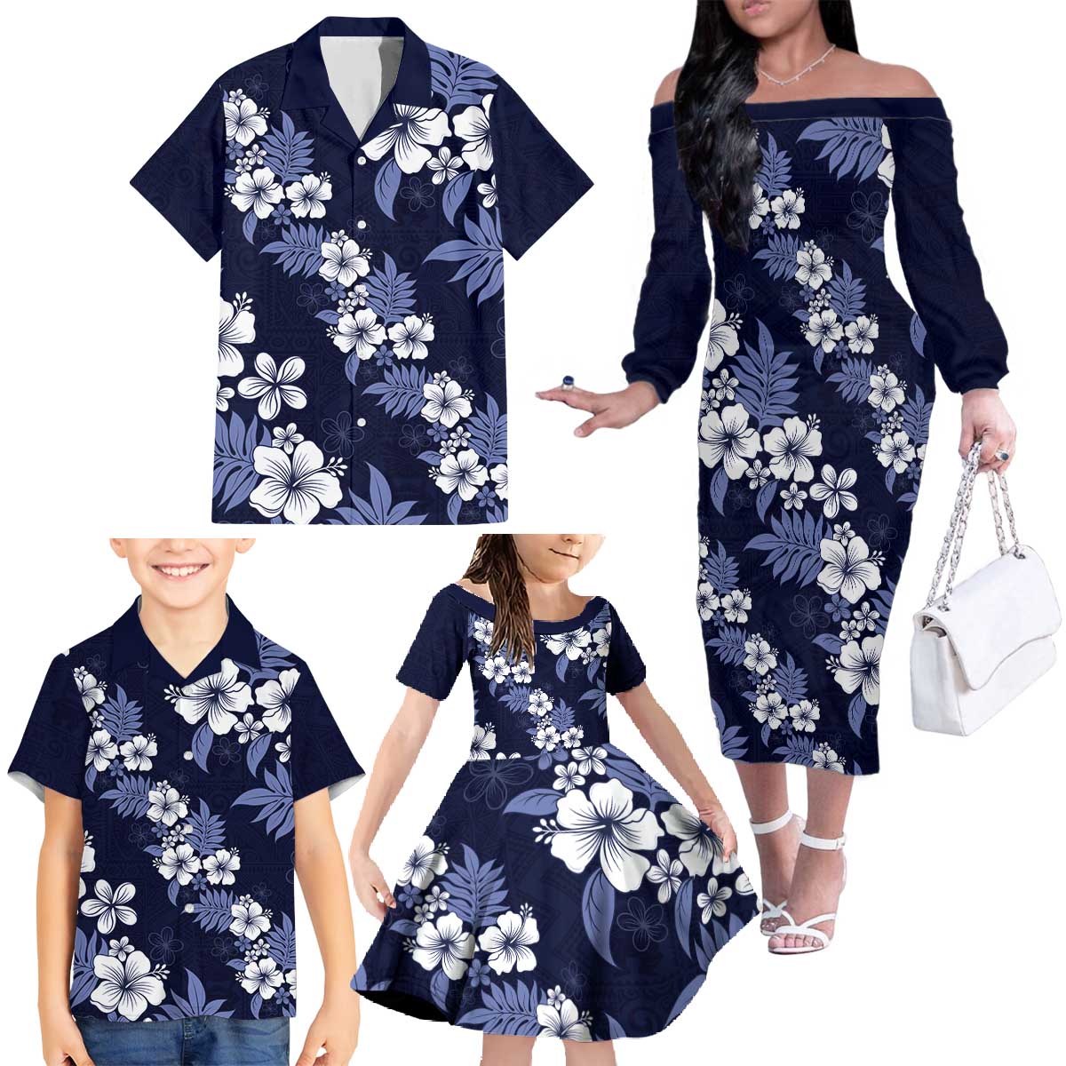 Hawaiian Hibiscus Tribal Floral Blue Family Matching Off The Shoulder Long Sleeve Dress and Hawaiian Shirt Polynesian Tapa Pattern - Polynesian Pride