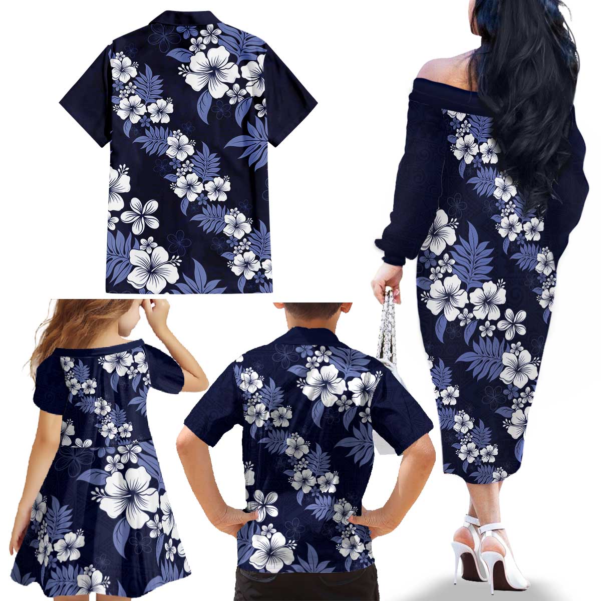 Hawaiian Hibiscus Tribal Floral Blue Family Matching Off The Shoulder Long Sleeve Dress and Hawaiian Shirt Polynesian Tapa Pattern - Polynesian Pride