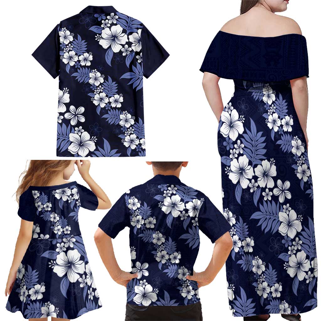 Hawaiian Hibiscus Tribal Floral Blue Family Matching Off Shoulder Maxi Dress and Hawaiian Shirt Polynesian Tapa Pattern - Polynesian Pride