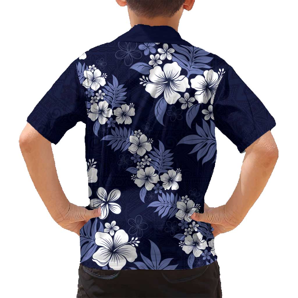 Hawaiian Hibiscus Tribal Floral Blue Family Matching Off Shoulder Short Dress and Hawaiian Shirt Polynesian Tapa Pattern - Polynesian Pride