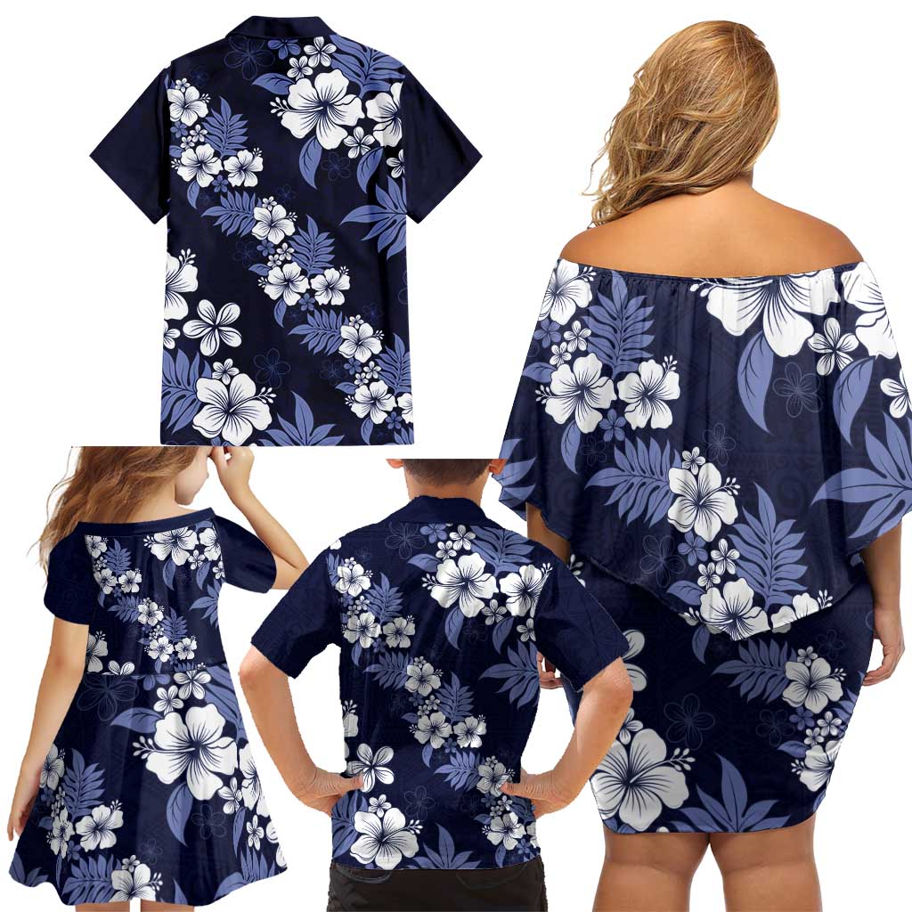 Hawaiian Hibiscus Tribal Floral Blue Family Matching Off Shoulder Short Dress and Hawaiian Shirt Polynesian Tapa Pattern - Polynesian Pride