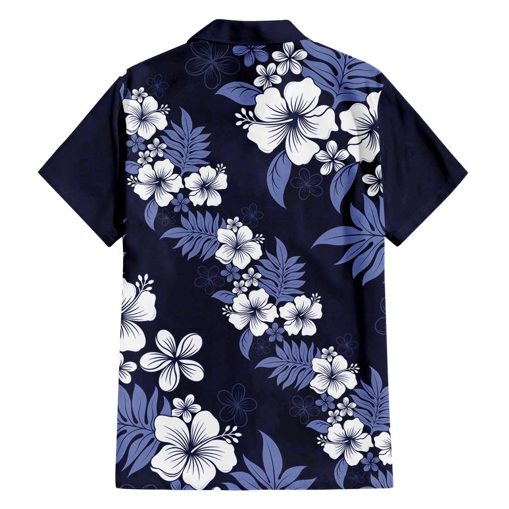 Hawaiian Hibiscus Tribal Floral Blue Family Matching Off Shoulder Short Dress and Hawaiian Shirt Polynesian Tapa Pattern - Polynesian Pride