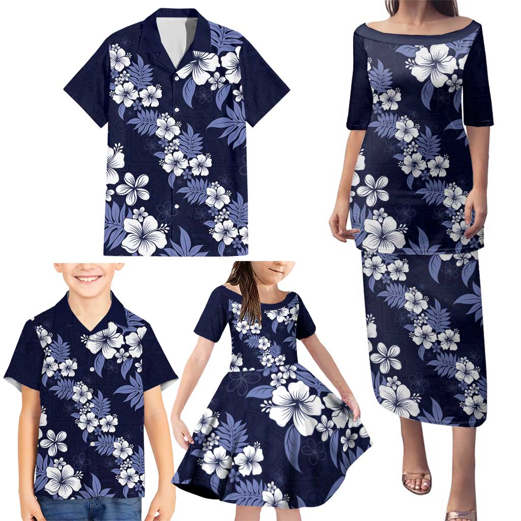 Hawaiian Hibiscus Tribal Floral Blue Family Matching Puletasi and Hawaiian Shirt Polynesian Tapa Pattern - Polynesian Pride