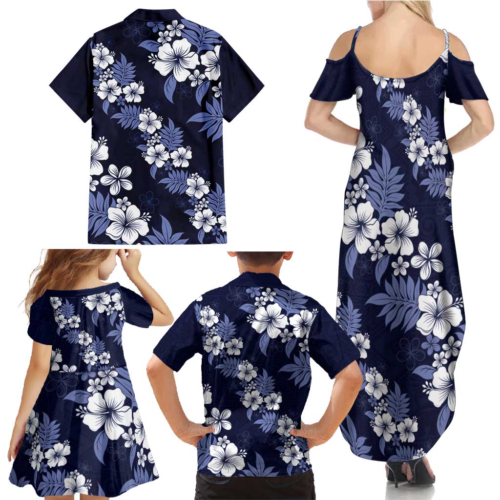Hawaiian Hibiscus Tribal Floral Blue Family Matching Summer Maxi Dress and Hawaiian Shirt Polynesian Tapa Pattern - Polynesian Pride