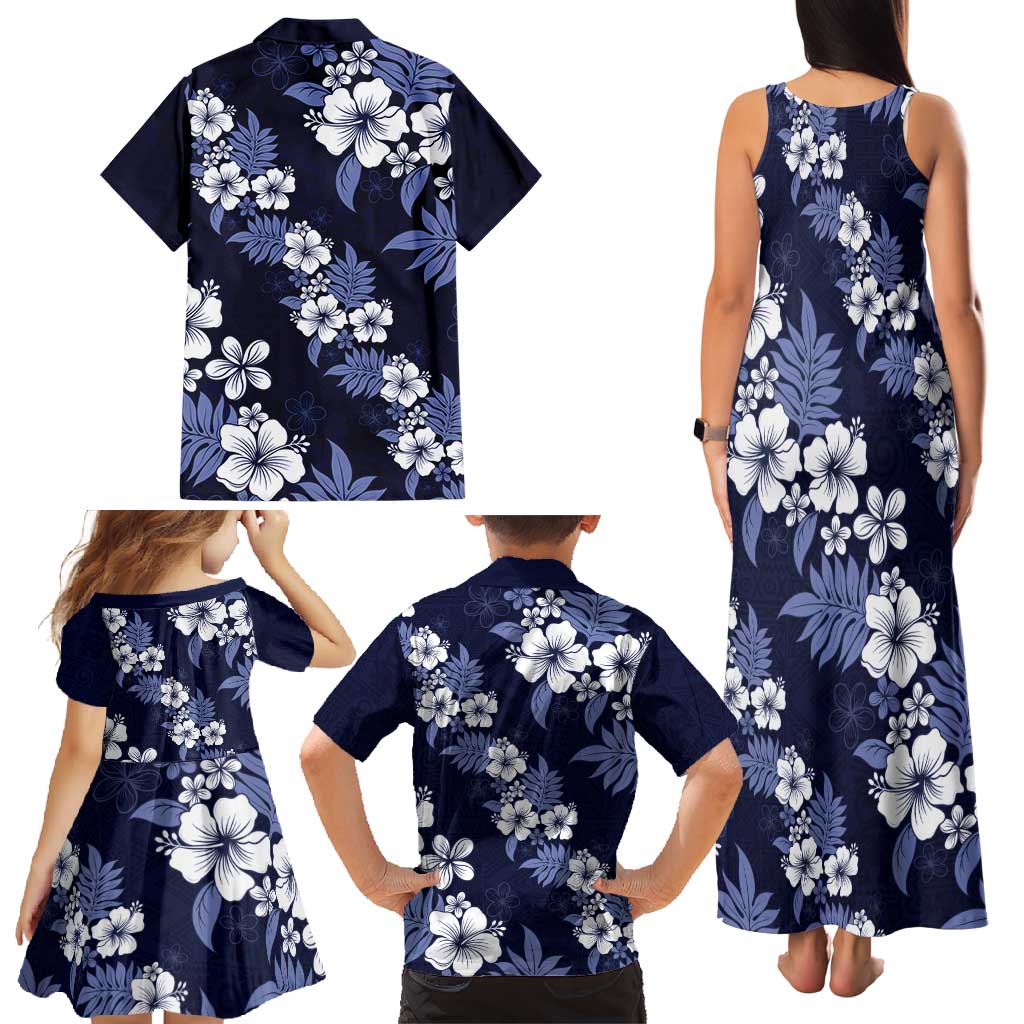 Hawaiian Hibiscus Tribal Floral Blue Family Matching Tank Maxi Dress and Hawaiian Shirt Polynesian Tapa Pattern - Polynesian Pride
