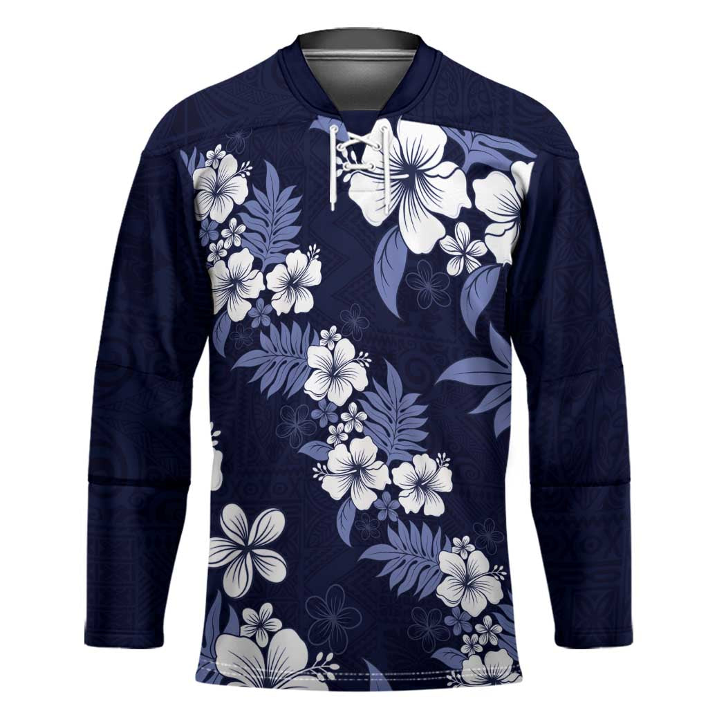 Hawaiian Hibiscus Tribal Floral Blue Hockey Jersey Polynesian Tapa Pattern - Polynesian Pride