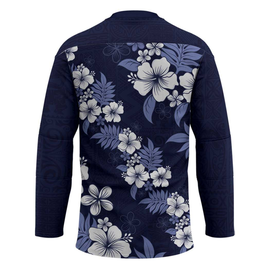 Hawaiian Hibiscus Tribal Floral Blue Hockey Jersey Polynesian Tapa Pattern - Polynesian Pride