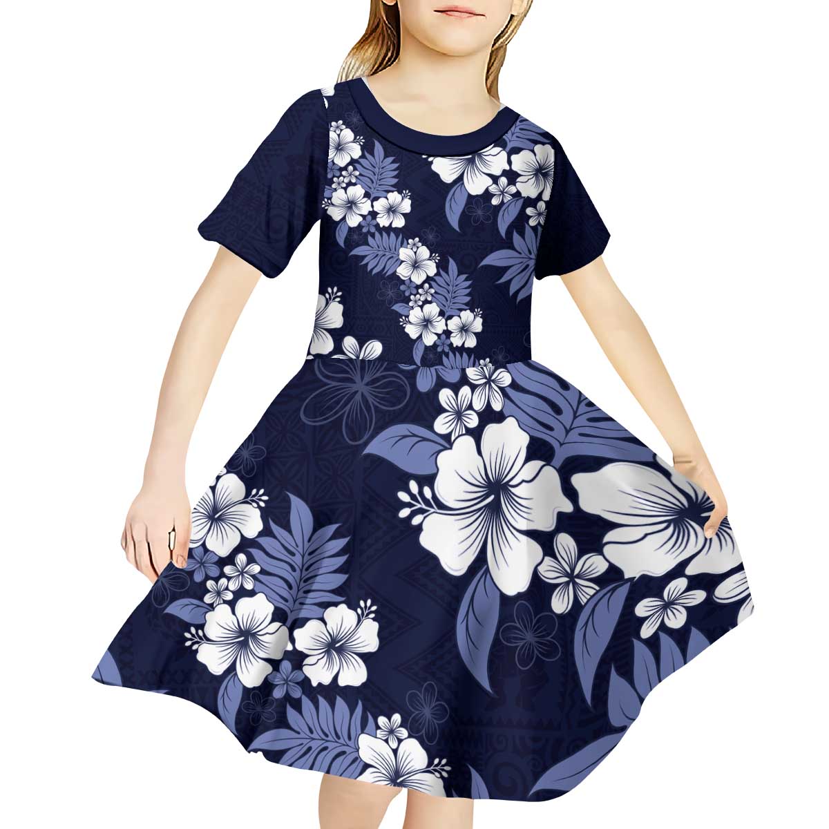 Hawaiian Hibiscus Tribal Floral Blue Kid Short Sleeve Dress Polynesian Tapa Pattern - Polynesian Pride