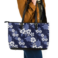 Hawaiian Hibiscus Tribal Floral Blue Leather Tote Bag Polynesian Tapa Pattern - Polynesian Pride