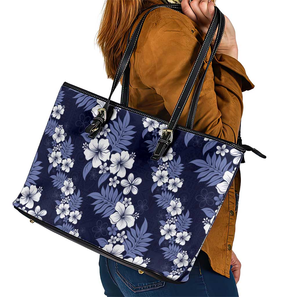 Hawaiian Hibiscus Tribal Floral Blue Leather Tote Bag Polynesian Tapa Pattern - Polynesian Pride