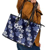 Hawaiian Hibiscus Tribal Floral Blue Leather Tote Bag Polynesian Tapa Pattern - Polynesian Pride