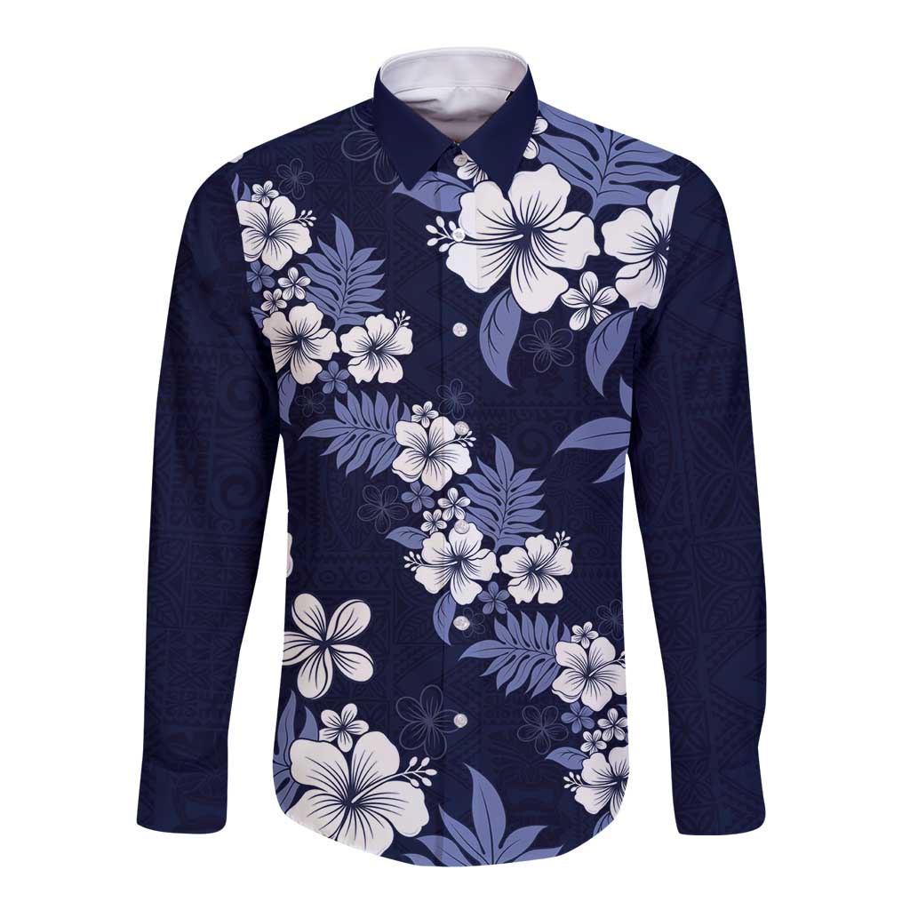 Hawaiian Hibiscus Tribal Floral Blue Long Sleeve Button Shirt Polynesian Tapa Pattern - Polynesian Pride
