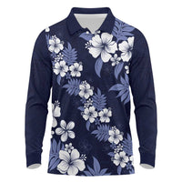 Hawaiian Hibiscus Tribal Floral Blue Long Sleeve Polo Shirt Polynesian Tapa Pattern - Polynesian Pride
