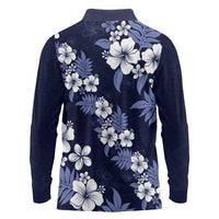Hawaiian Hibiscus Tribal Floral Blue Long Sleeve Polo Shirt Polynesian Tapa Pattern - Polynesian Pride