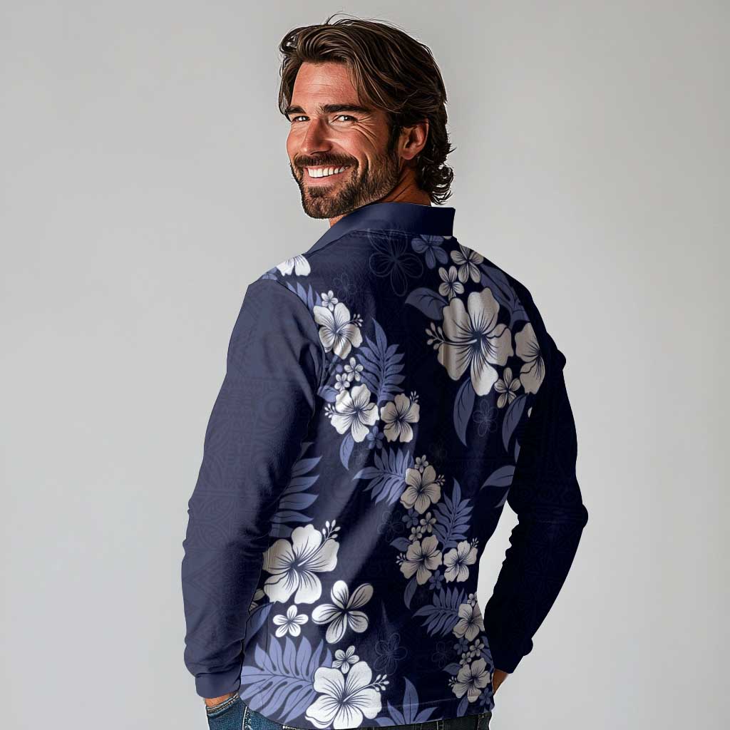 Hawaiian Hibiscus Tribal Floral Blue Long Sleeve Polo Shirt Polynesian Tapa Pattern - Polynesian Pride