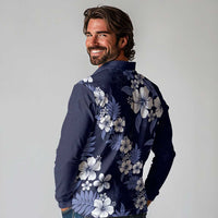 Hawaiian Hibiscus Tribal Floral Blue Long Sleeve Polo Shirt Polynesian Tapa Pattern - Polynesian Pride