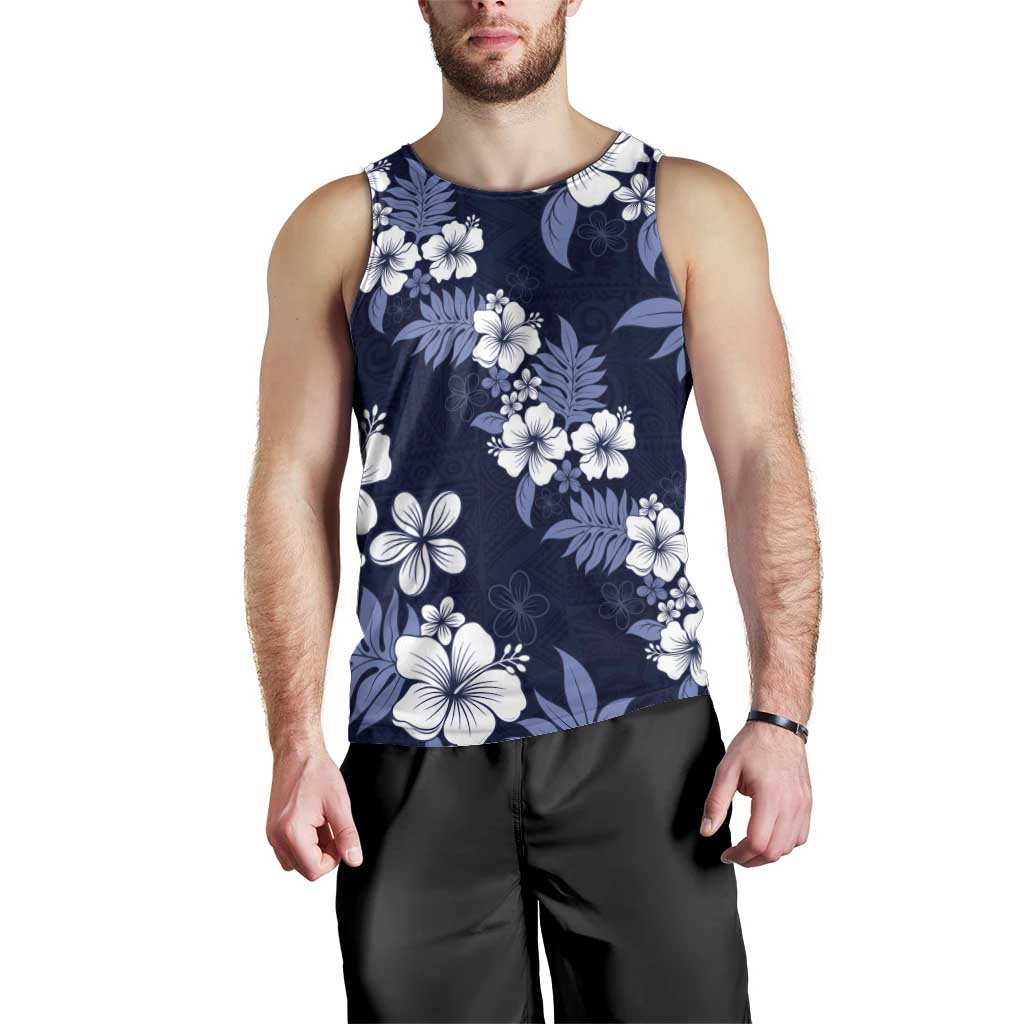 Hawaiian Hibiscus Tribal Floral Blue Men Tank Top Polynesian Tapa Pattern - Polynesian Pride