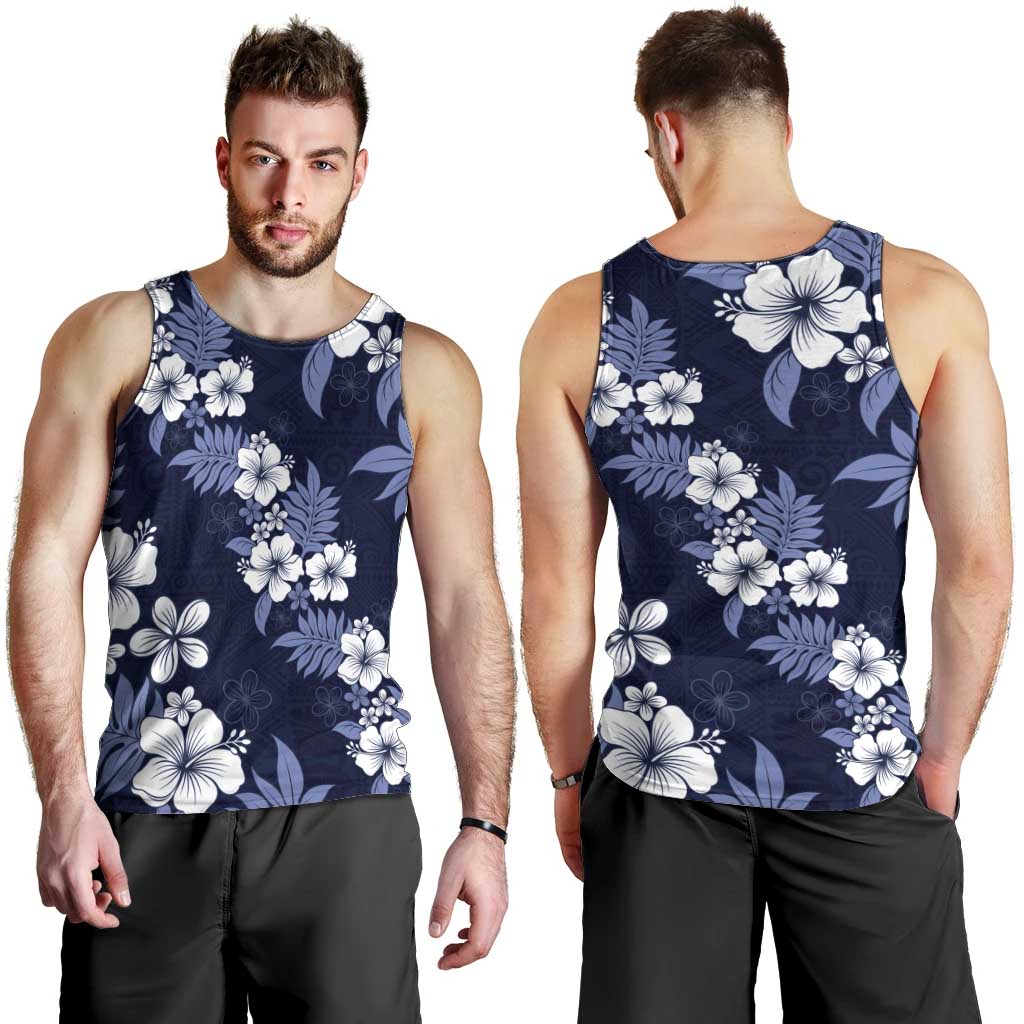 Hawaiian Hibiscus Tribal Floral Blue Men Tank Top Polynesian Tapa Pattern - Polynesian Pride