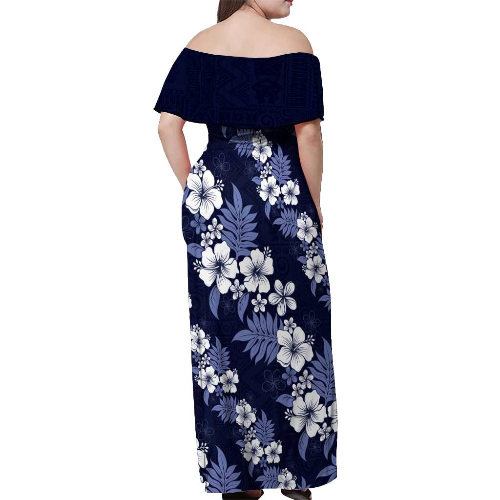 Hawaiian Hibiscus Tribal Floral Blue Off Shoulder Maxi Dress Polynesian Tapa Pattern - Polynesian Pride